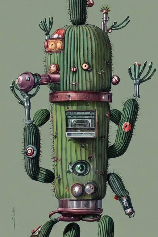 Image similar to long shot of a 1950s retro Cactus robot, with space above the head. Bionic cacti Arms and eyes. pop surrealism, muted colours. by Jean-Baptiste Monge, wide shot