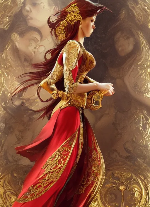 Image similar to !! fullbody!! dynamic movement pose, beautiful woman with red hair, byzantine noble, gold jewellery, dnd, face, fantasy, intricate, elegant, highly detailed, digital painting, artstation, concept art, smooth, sharp focus, illustration, art by artgerm and greg rutkowski and alphonse mucha