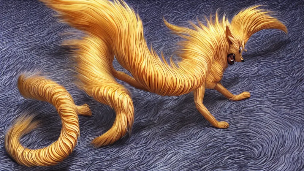 Prompt: a ninetails created by uzumaki junji ito and photographed by andrew thomas artgerm, digital art, redshift render, hyperrealistic, ray - tracing