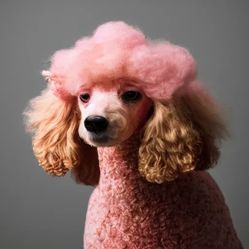 Prompt: studio photo of a poodle made of pink cotton candy. backlit, studio lighting, canon 85mm f1.4 lens