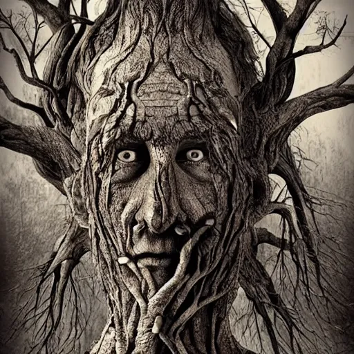 Prompt: old man morphing into a tree, scary, horror, intricate details