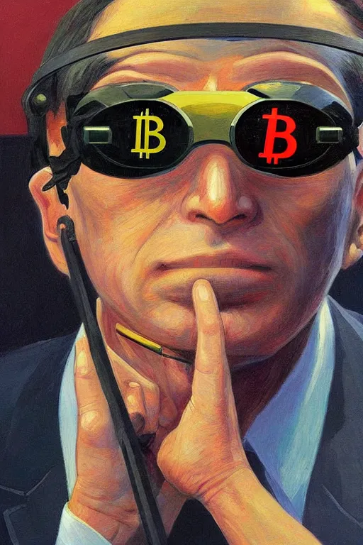 Image similar to sathoshi nakamoto wearing oculus and bitcoin over his head edward hopper and james gilleard, zdzislaw beksisnski, higly detailed