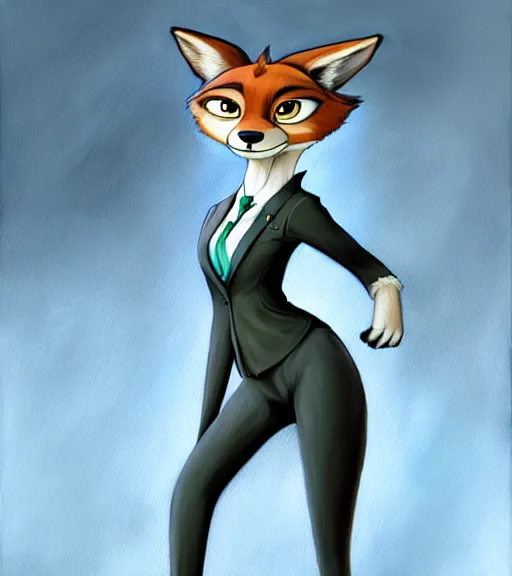 Image similar to oil painting of full body of anthromorphic female wolf, in style of zootopia, zootopia, zootopia, fursona, furry, furaffinity, 4 k, deviantart, furry art, fursona art, wearing black business suit, business suit, in style of zootopia, wolf fursona, cyberpunk, female, expressive detailed feminine face,
