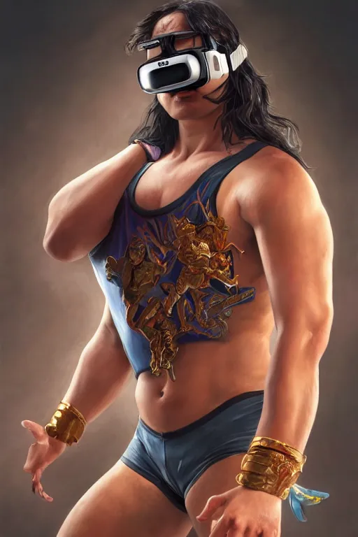 Image similar to painting of a wrestler character wearing vr goggles, shrugging arms, shrug, shrug life, ultra realistic, sharp details, subsurface scattering, intricate details, warm lighting, highly detailed, photorealistic, octane render, 8 k, unreal engine, art by artgerm and greg rutkowski and alphonse mucha