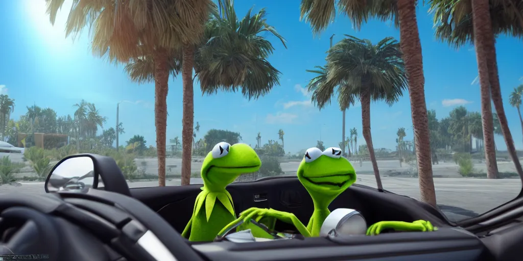 Image similar to kermit driving a car, wlop, palm trees, desert, cinematic lighting, hyperdetailed, 8 k realistic, symmetrical, global illumination, radiant light,, frostbite 3 engine, cryengine, dof, trending on artstation, digital art, chanel