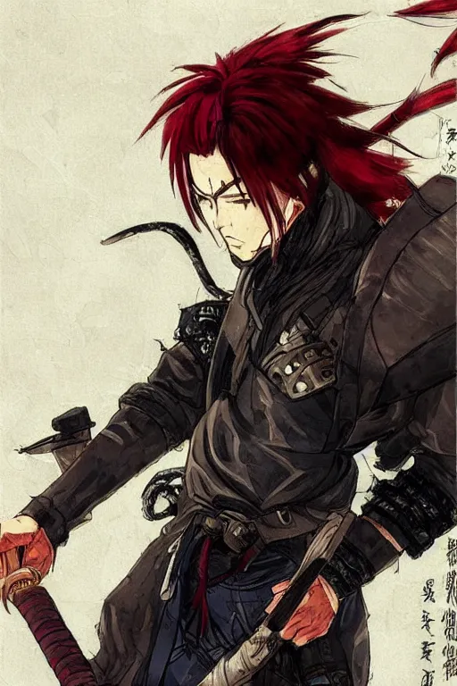 Prompt: cyberpunk anime samurai with red hair, japanese, vagabond, musashi, rain, style of Frank Frazetta, detailed, high quality, atmospheric, duel, fight