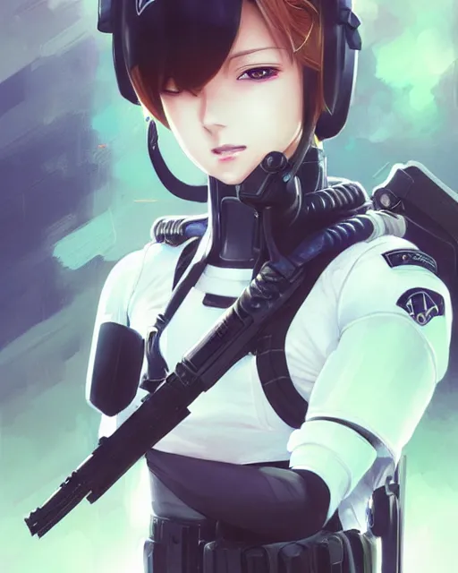 Image similar to nami, anime key visual of a young female swat officer, neon, cyberpunk, futuristic, white clothing, black vest, swat helmet, stunning, highly detailed, digital painting, smooth, soft focus, illustration, 4 k digital art from artstation by artgerm and greg rutkowski and alphonse mucha