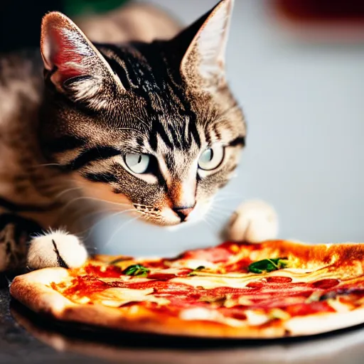 Image similar to close up of a cute cat eating pizza, off camera flash, fine hair detail, fine cat whiskers, sigma 24mm f/8