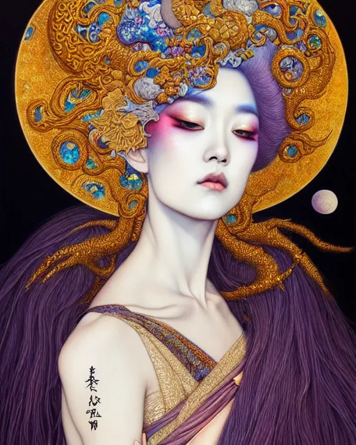 Image similar to portrait of a beautiful moon goddess, unusual beauty, esoteric, other worldly colors, head in focus, fantasy art, ornamental aesthetics, intricate, elegant, highly detailed, hyperrealistic painting, artstation, concept art, painterly, sharp focus, illustration, art by chie yoshii