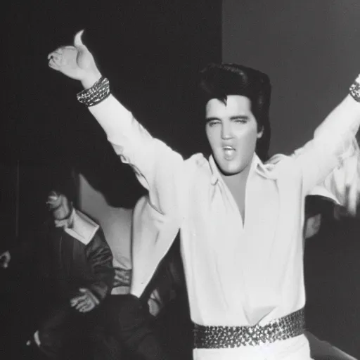 Prompt: black and white photograph of elvis on drugs dancing surrounded by aliens