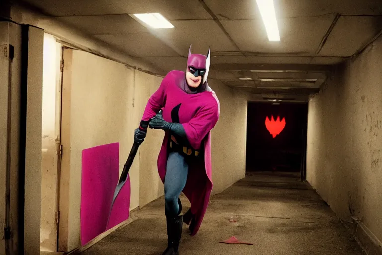 Prompt: michael keaton batman wearing pink apron wielding an axe, chasing through old brown decrepit hallway, creepy smile, atmospheric eerie lighting, dim lighting, bodycam footage, motion blur, photograph