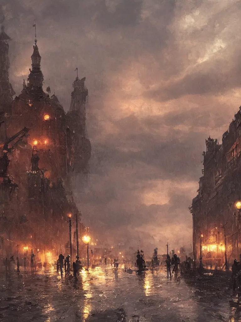 Prompt: russian revolution 1 9 1 0, evening, after the storm, ominous, steampunk, by rozalski and stanton kenton, artstation
