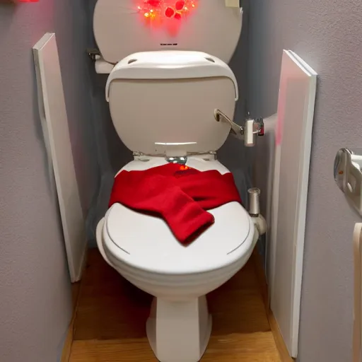 Prompt: open toilet with human hands inside of it, christmas lights attached