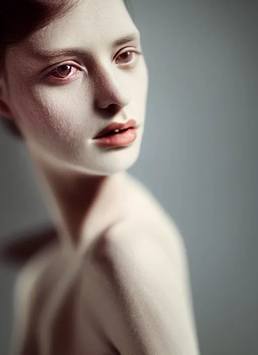 Image similar to kodak portra 4 0 0 photo portrait of a beautiful hybrid woman face and shoulders covered by crete, fine art photography in style of roberto kusterle, 1 5 0 mm lens, f 2. 4, elegant, sharp focus, ethereal, emotionally evoking, head in focus, soft blur, matt colours, volumetric lighting, hyper realistic, ultra detailed