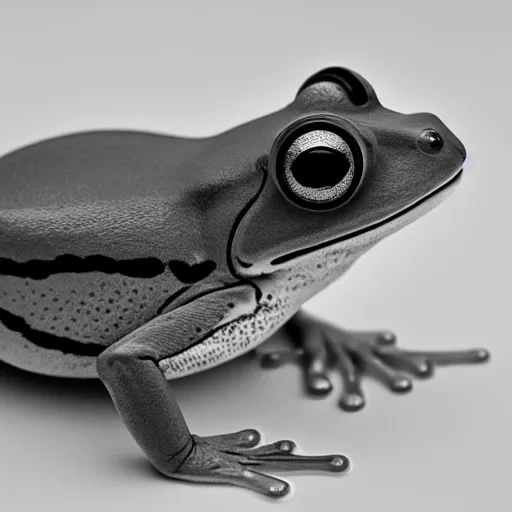 Prompt: cyborg frog with a camera lens as a head, front profile mugshot, monochromatic photo