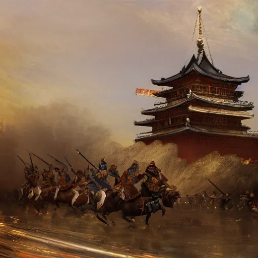 Image similar to highly detailed painting of samurais patrolling moscow, by william turner, by greg rutkowski, by william constable, thick brush strokes and visible paint layers, 4 k resolution