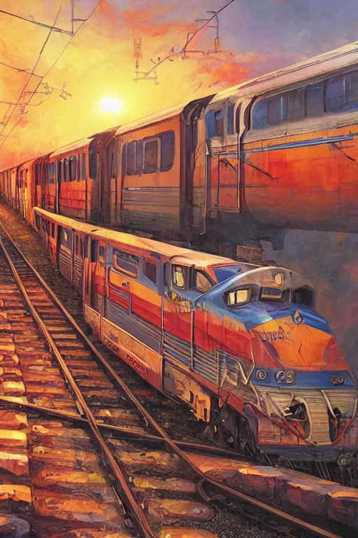 Image similar to trains covered in dripping graffiti paint, by tom lovell and greg staples and hiroshi yoshida and moebius and loish and artgerm, painterly, illustration, sunset lighting