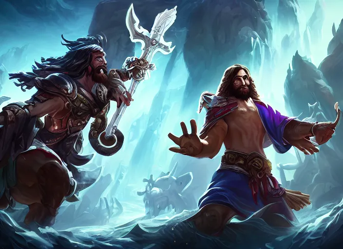 Prompt: jesus christ character concept art, digital illustration, trending on artstation, intricate details, epic composition, sharp focus, 8 k uhd, masterpiece, league of legends splash art