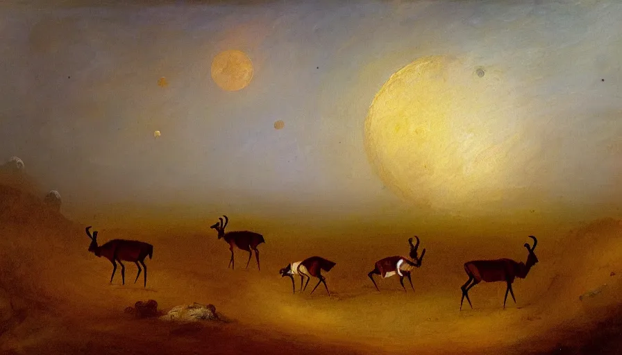 Image similar to highly detailed painting of antelopes in a small square flower garden on the dry grey cratered surface of the moon by william turner, thick brush strokes and visible paint layers, 4 k resolution