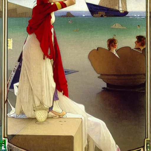 Image similar to A girl with jester hat and clothes on a greek archi circle on the front of a Balustrade with a beach and a sail boat on the background, major arcana clothes, by alphonse mucha and arnold böcklin arnold böcklin arnold böcklin, paul delaroche, hyperrealistic 8k, very detailed