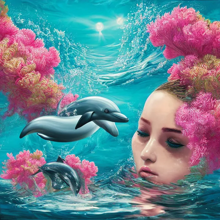 Image similar to trending on artstation, highly detailed, vaporwave surreal ocean, dolphins, pool, checkerboard pattern underwater, cuastics, award winning masterpiece with incredible details, artstation, a surreal vaporwave vaporwave vaporwave vaporwave vaporwave painting by thomas cole of an old pink mannequin head, flowers growing out of its head, sinking underwater, highly detailed