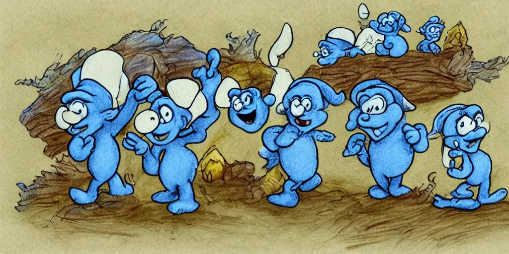 Image similar to smurfs found in snails with a sunrise and road landscape with lynxes and teeth in pen drawing style and pencil color