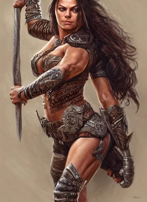 Prompt: Mila Kunis as a very muscled rugged looking Amazon, intricate, elegant, highly detailed, centered, digital painting, artstation, concept art, smooth, sharp focus, illustration, art by artgerm and donato giancola and Joseph Christian Leyendecker, WLOP