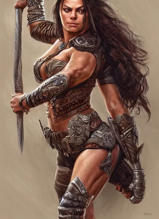 Image similar to Mila Kunis as a very muscled rugged looking Amazon, intricate, elegant, highly detailed, centered, digital painting, artstation, concept art, smooth, sharp focus, illustration, art by artgerm and donato giancola and Joseph Christian Leyendecker, WLOP