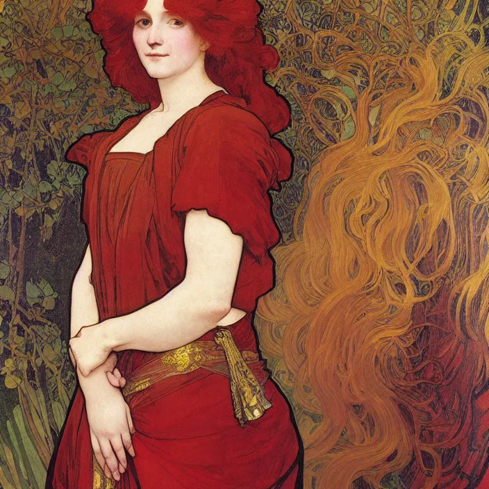 Image similar to A portrait of red-haired Shanks, full-length, oil painting in a renaissance style , very detailed, gold background, painted by Alphonse Mucha.