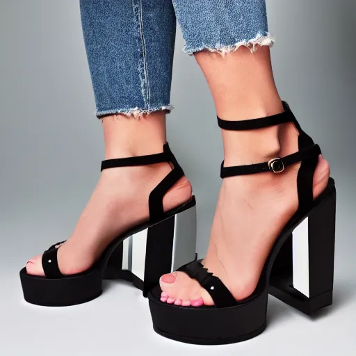 Image similar to woman's feet in black demonia chunky platform sandals, studio light, 8 k