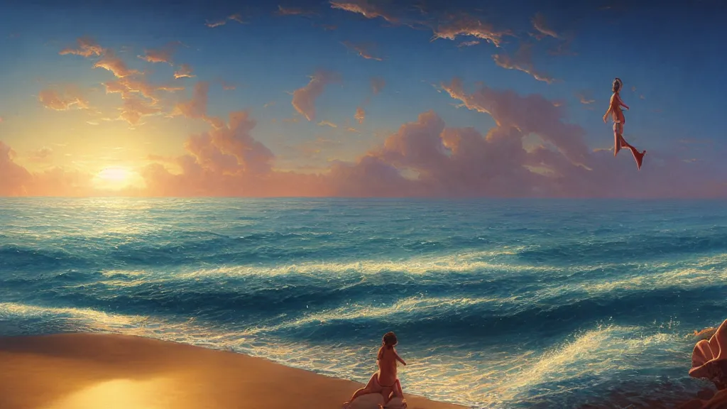 Image similar to sea, summer, clear beautiful sky, bright sky, dolphins jumping, peaceful, amazing, by andreas rocha and john howe, and Martin Johnson Heade, featured on artstation, featured on behance, golden ratio, ultrawide angle, f32, well composed