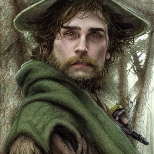 Prompt: a handsome young rugged hobbit ranger and a dark green hood and cloak in the forest, adventure gear, realistic, detailed, masterpiece, short brown hair, clean shaven, by John Howe and Alan Lee, trending on ArtStation