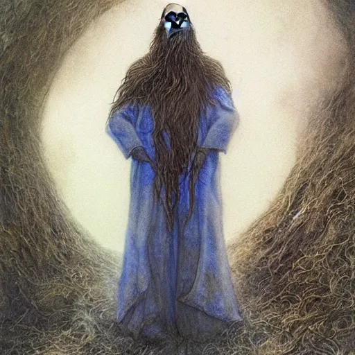 Prompt: painting in the style of artstation of a druid standing alone at the beginning of time by alan lee and brian froud