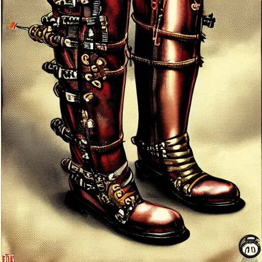 Prompt: steampunk knight's boots with jets on rusted hyperrealistic, hyperdetailed, chaykin howard and campionpascale and cooke darwyn and davis