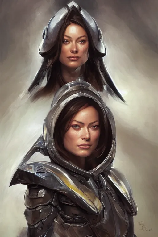 Image similar to a professional painting of a young Olivia Wilde, clothes in military armor, olive skin, long dark hair, beautiful bone structure, symmetrical facial features, intricate, elegant, digital painting, concept art, smooth, sharp focus, illustration, from StarCraft by Ruan Jia and Mandy Jurgens and Artgerm and William-Adolphe Bouguerea