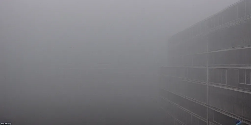 Image similar to infinity long soviet Plattenbau building is dissapearing in the fog, photo by Andreas Gursky,