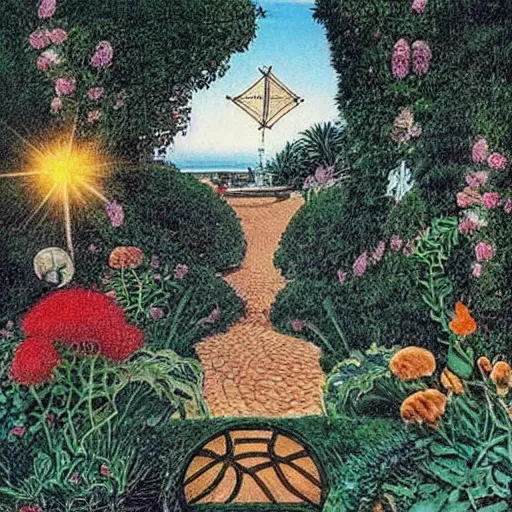 Image similar to “A photo of a beach and a french garden in 1993, tarot-like landscape it's lit by the camera flash. Surreal Greek architecture, mason, occult tarot symbols. Far away sail boat at the ocean”