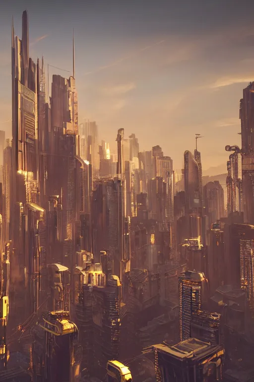 Image similar to cyberpunk cityscape with tall buildings at dusk golden hour orange cinematic lighting, epic composition. A golden daylight, hyper-realistic environment. Hyper and intricate detail, photo-realistic. Cinematic and volumetric light. Epic concept art. Octane render and Unreal Engine, trending on artstation