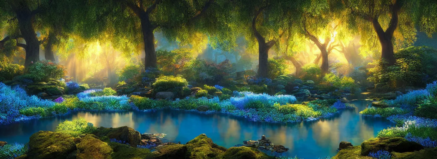 Prompt: photograph of enchanted garden, clear blue pond in the middle, rays of light by marc adamus, highly detailed, intricate detail, cinematic lighting