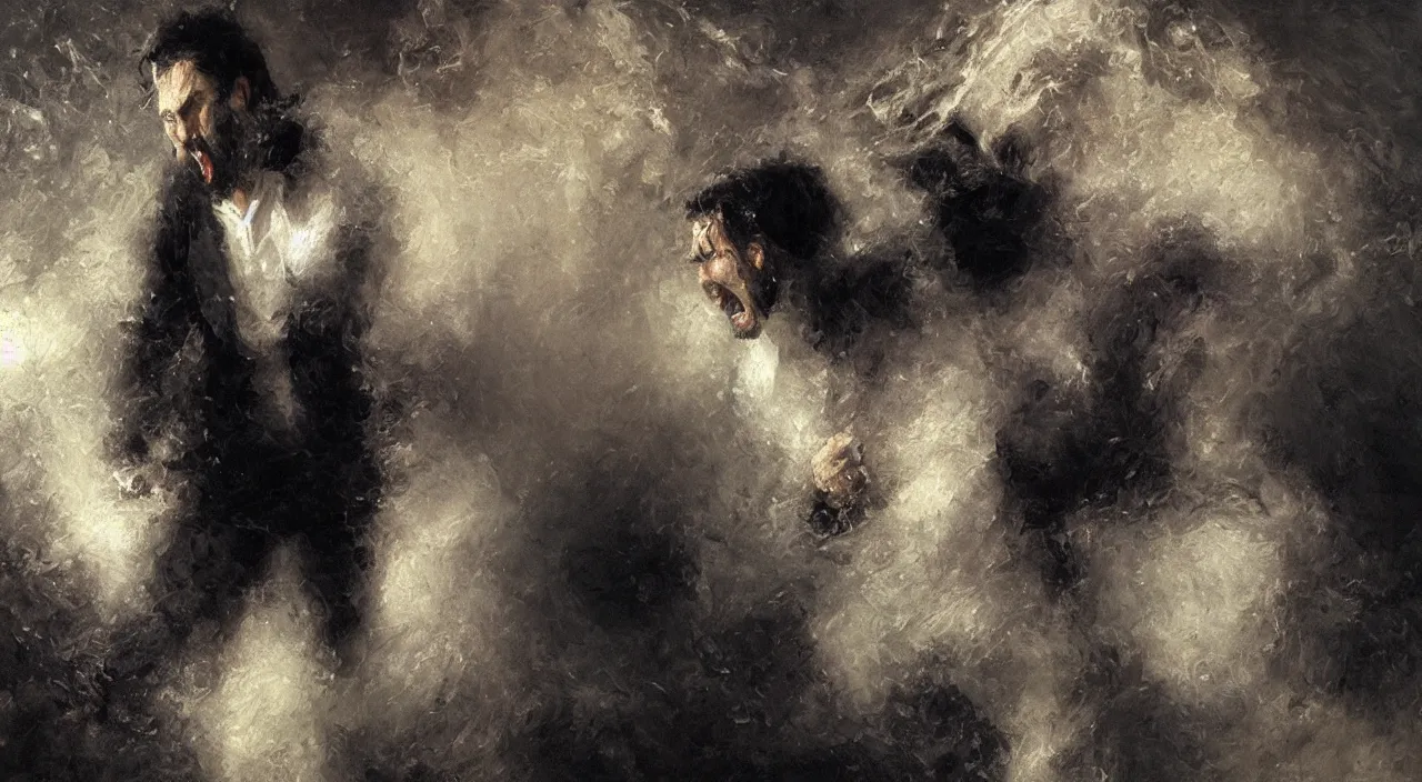 Prompt: a man with black hair and beard, wearing a black jacket, white shirt and jeans, going insane in a white void, highly detailed painting by gaston bussiere, craig mullins, 8 k