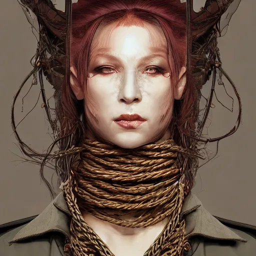 Image similar to portrait of a Shibari rope wrapped face and neck, headshot, insanely nice professional hair style, dramatic hair color, digital painting, of a old 17th century, old cyborg merchant, amber jewels, baroque, ornate clothing, scifi, realistic, hyperdetailed, chiaroscuro, concept art, art by Franz Hals and Jon Foster and Ayami Kojima and Amano and Karol Bak,