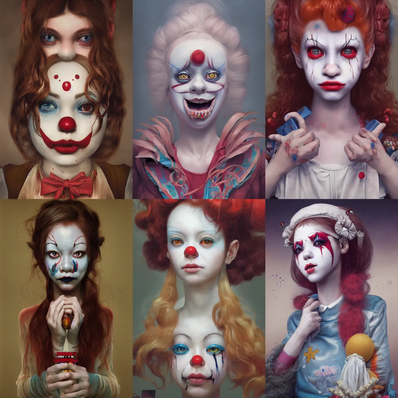 Image similar to breathtaking detailed painting of clown girl , with anxious, piercing eyes, Atari game cover art by Hsiao-Ron Cheng, James jean, Miho Hirano, Hayao Miyazaki, extremely moody lighting, hyperrealistic, octane render, RPG portrait, ambient light, dynamic lighting