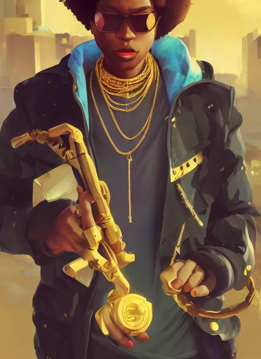 Image similar to afro - futurist gangstas, weapons and gold chains, jacking the metaverse | hyperrealistic oil painting | by makoto shinkai, ilya kuvshinov, lois van baarle, rossdraws | afrofuturism, in the style of hearthstone, trending on artstation | dark color scheme