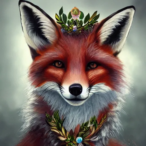 Image similar to portrait of a fox wearing a tiara wreath flowers, fantasy art, trending on artstation deviantart, beautiful art, highly detailed