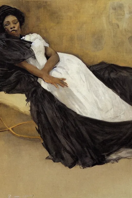 Image similar to black european woman in a gown laying on couch, bloom flowers, modern, eclectic, illustration, by ramon casas