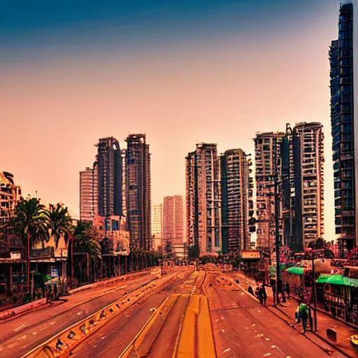 Prompt: mumbai in the year 2 0 7 0, architecture, urban, cinematic, super realisitc, city streets, golden hour