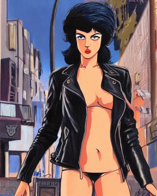 Image similar to young female protagonist in leather jacket, city street, artwork by ralph bakshi