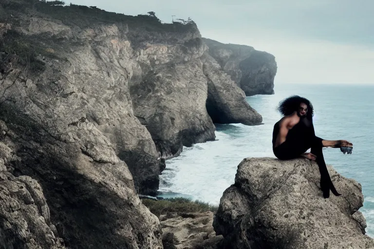 Image similar to photo of a gorgeous black model sitting on a Tesla on a cliff on the ocean By Emmanuel Lubezki