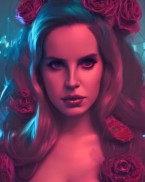 Image similar to portrait of lana del rey as a cyberpunk cyborg. sci - fi intricate abstract upper body intricate artwork, roses, rose petals by tooth wu, wlop, beeple, dan mumford. concept art, octane render, trending on artstation, greg rutkowski, asymmetrical, cinematic arthouse, key art, hyper realism, iridescent accents