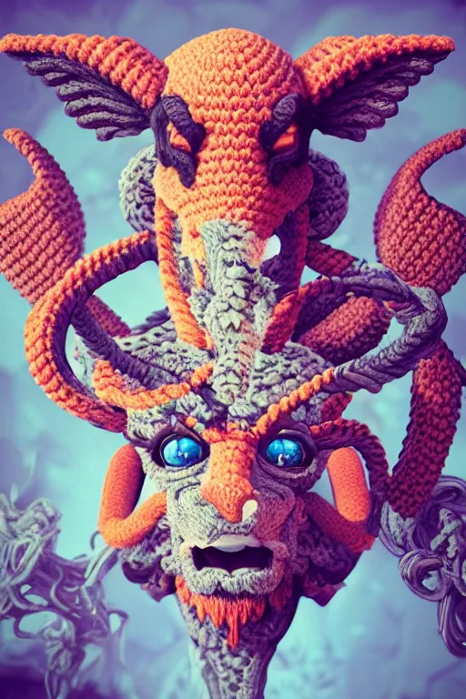 Image similar to Baphomet Amigurumi Crochet Pattern, vivid colors, high details, cinematic, 8k resolution, beautiful detailed, photorealistic, digital painting, artstation, concept art, smooth, sharp focus, illustration, fantasy background, artstation trending, octane render, unreal engine